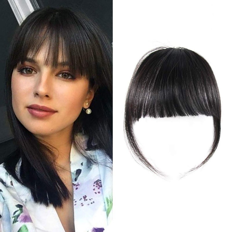 Shinon Clip in Bangs Natural Real Human Hair Flat Bangs Fringe Hair Bangs Fashion Clip in Wispy Hair Extension (Flat Bangs with Temples,Black Brown) - Image 1